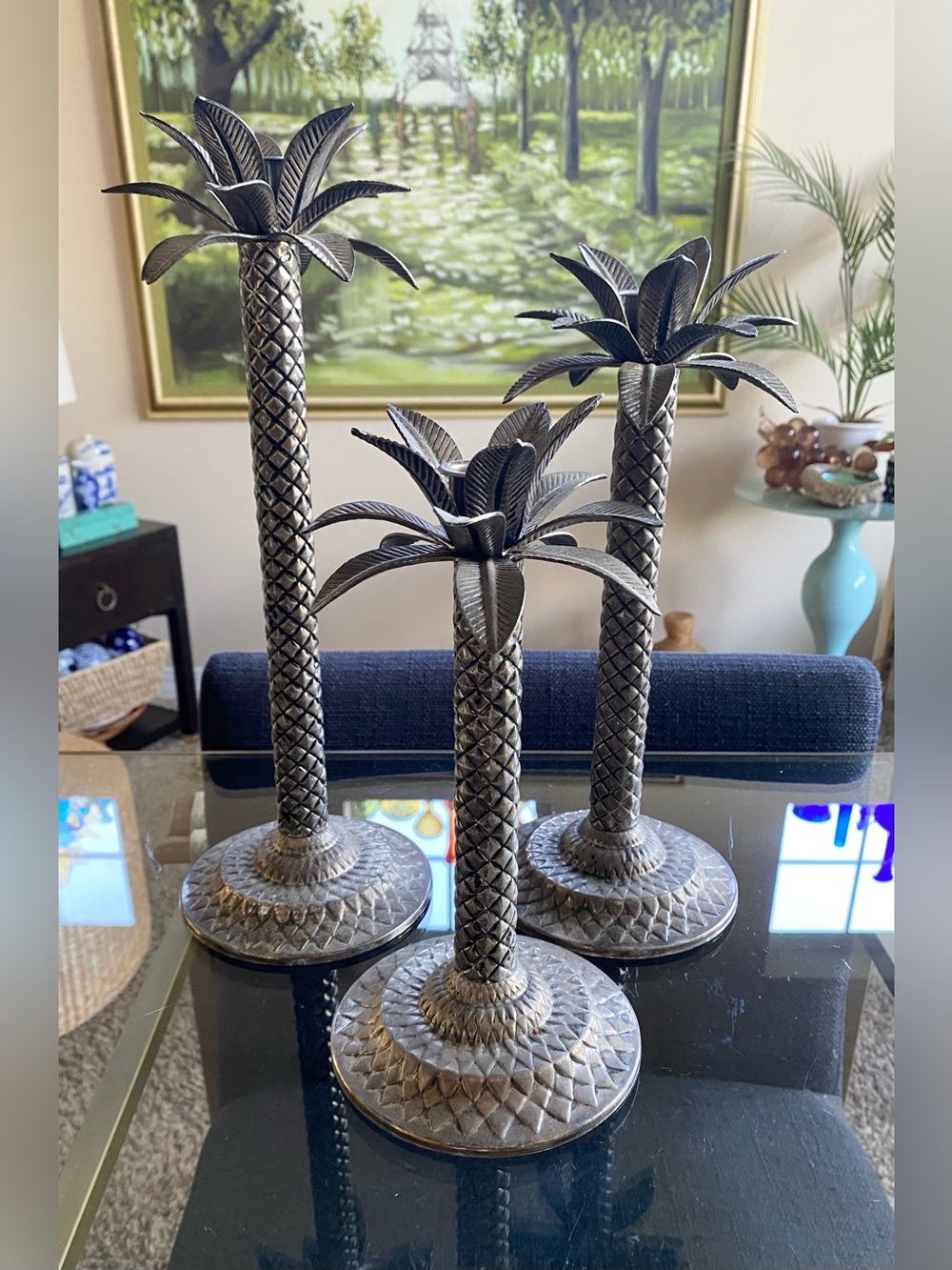 Vintage Silver Metal Palm Tree Taper Candlestick Holders - Set of 3